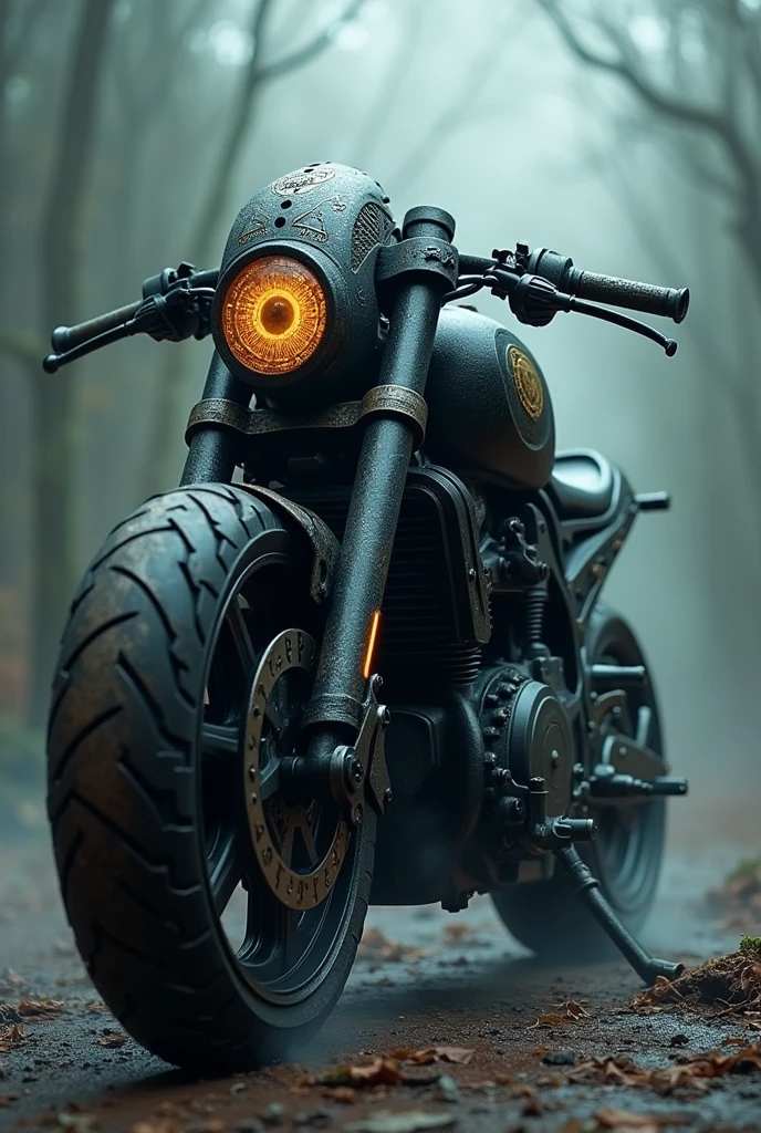 Create an image of a large motorcycle, black, ancient and cursed.