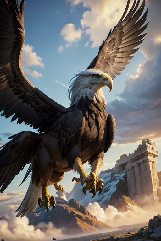 Mythical Griffin (eagle head, horse body, eagle legs, covered with abundant feathers); it soars imposingly over ancient Greece; it has powerful wings and an imposing look, it shows greatness and power; masterpiece; UHD