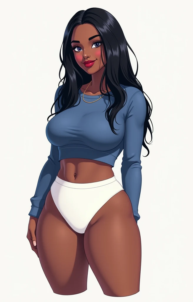 (masterpiece, best quality)), ((((perfect anatomy)))), Heavyset black woman with long black hair, dark eyeshadow, dark red lipstick, blue sweater, (((big white cotton panties))), big booty, smiling, (((pixel art, pixel, realistic art style)))