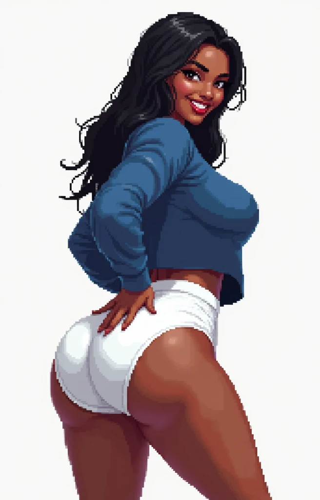 (masterpiece, best quality)), ((((perfect anatomy)))), Heavyset black woman with long black hair, dark eyeshadow, dark red lipstick, blue sweater, (((big white cotton panties))), big booty, smiling, (((pixel art, pixel, realistic art style)))