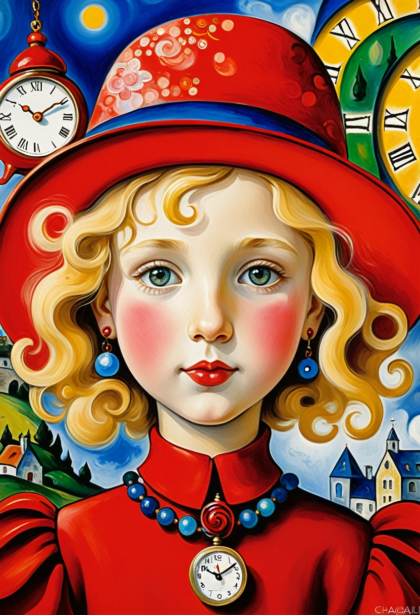 close-up, straight blonde hair long child girl the little red hat, clock on necklace, (Victorian era), ((steampunk)), cinematography, worked, elegant, meticulous, magnificent, maximum detail, extremely hyperaesthetic, intricately detailed, many gears, old town background