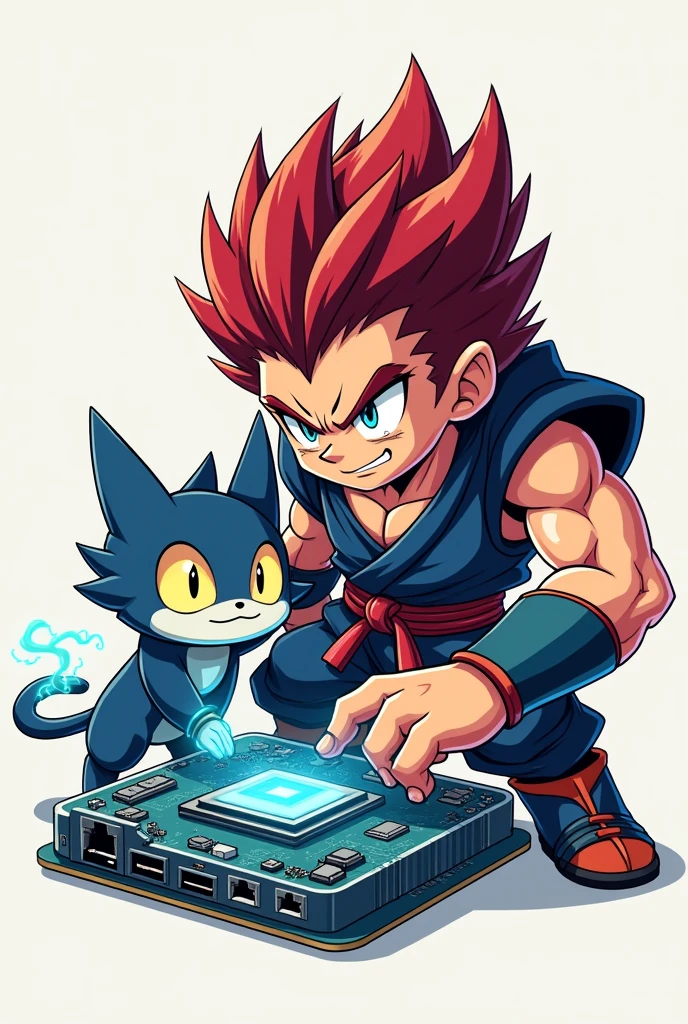 Create an image that can be used as a logo, with two anime style characters, one that resembles a warrior with spiky hair and intense energy, and another that resembles a small, friendly electric creature. They must be involved with computing elements, how to hold motherboards, keyboards or computer cables. The background should be neutral to highlight the characters.
