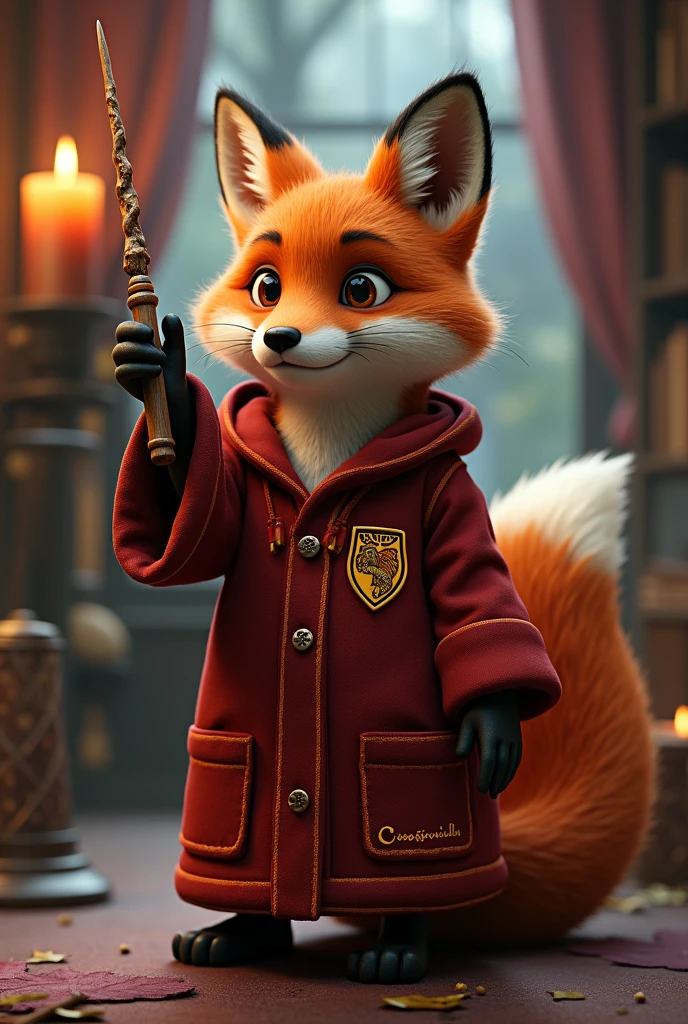 Fox in Harry Potter themed clothing with Stefany Cristina written on it Holding a wand