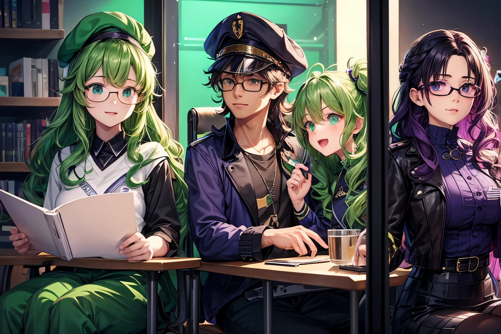 A podcast room with RGB lighting illuminating three chairs. Two waifus and an men otaku are sitting in the room. One waifu has curly hair and sage green glasses, while the other has wavy hair and purple glasses. The men otaku is wearing a black cap and a anime shirt.