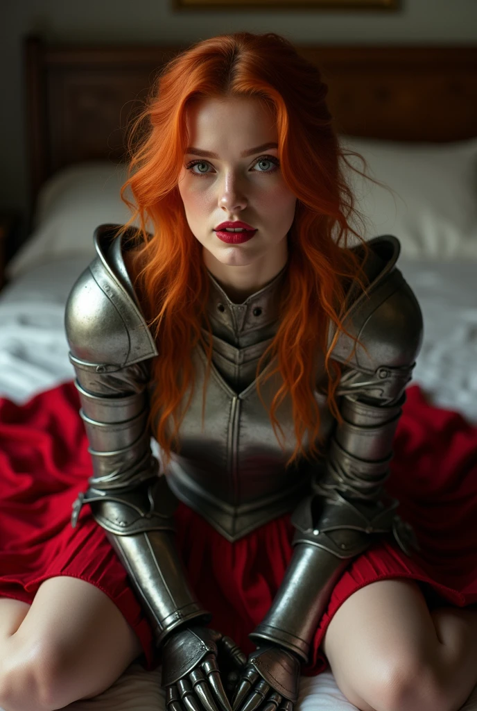 highest quality、16K high resolution、Super detailed、masterpiece、Live shooting、realistic:1.4、hyper realism:1.4、sharp focus、very delicate and beautiful、small details、1 female、(european:1.2)、(redhead warrior girl: 1.1)、(spread your legs:1.3)、(showing panties:1.3)、(white panties:1.1)、 (cameltoe: 1.3), (lying on the bed: 1.3)、(super beautiful)、(beautiful face:1.5)、(plate armor)、(detailed face)、(fine and beautiful eyes)、Perfect round eyes、(detailed lips)、Lipstick、(eyeliner)、mascara、eye shadow、(knight armor)、(red pleated skirt: 1.3)、steel breastplate 、steel gauntlet, medieval fantasy, Dungeons and dragons, RPG character, At SFW:1.1