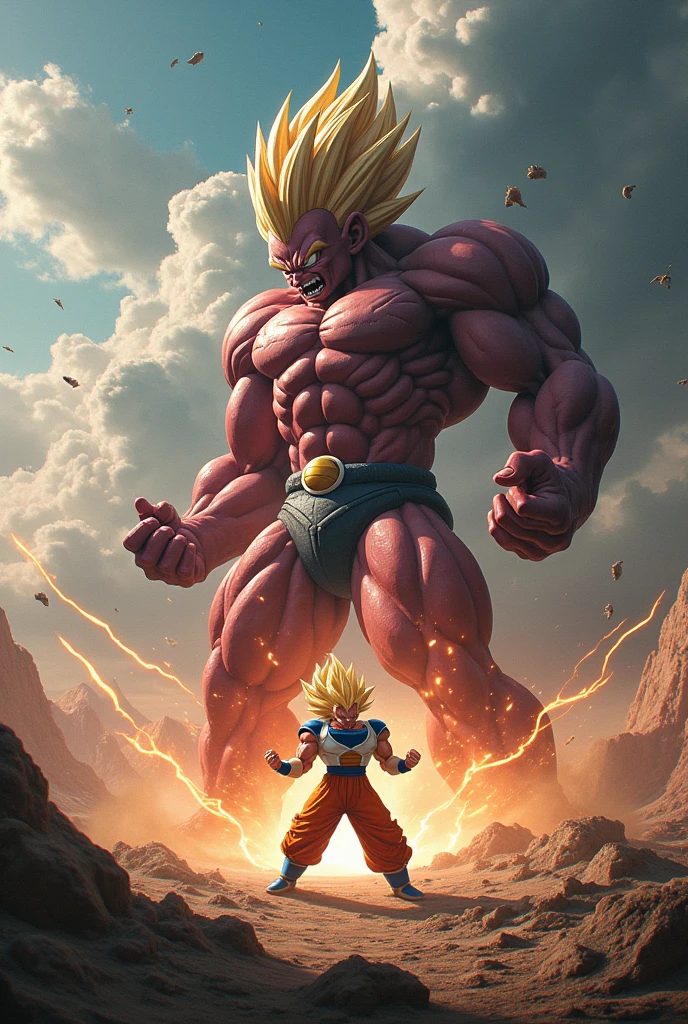 Vegeta and Majin Buu in a final confrontation, with Vegeta in his most powerful form and Majin Buu showing his most monstrous form. The image captures the tension and magnitude of the confrontation