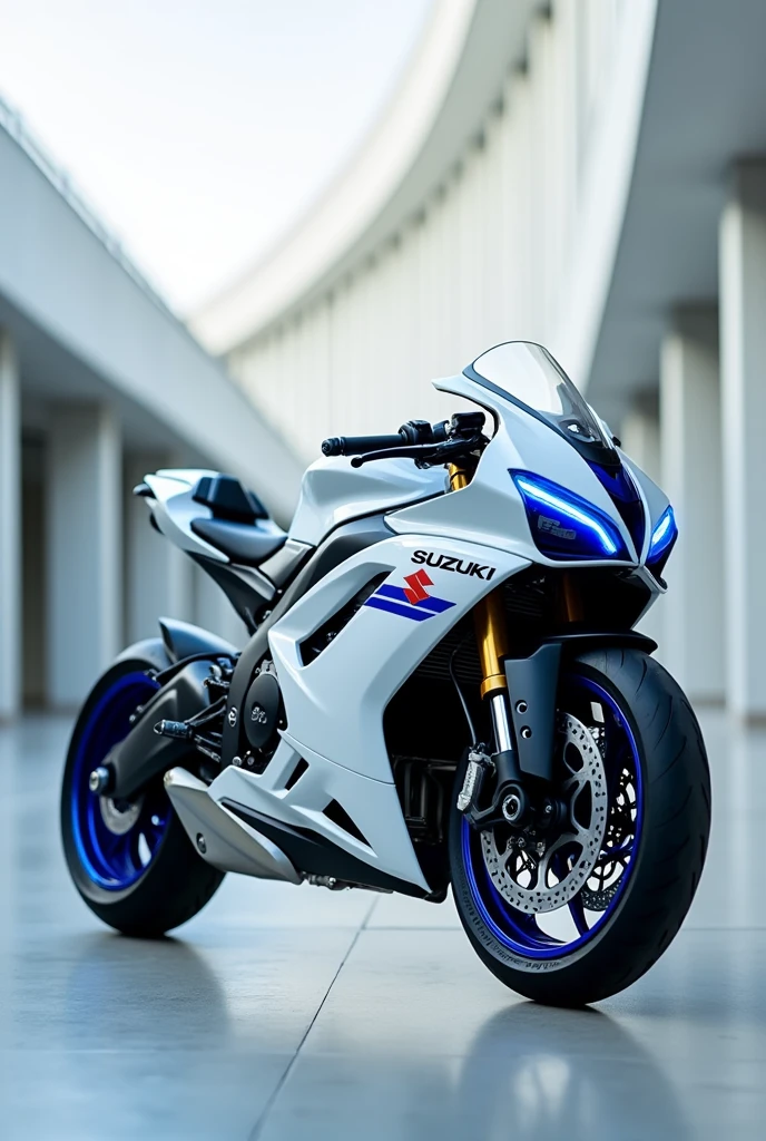 Create me modern underbone motorcycle white and blue color and logo of suzuki