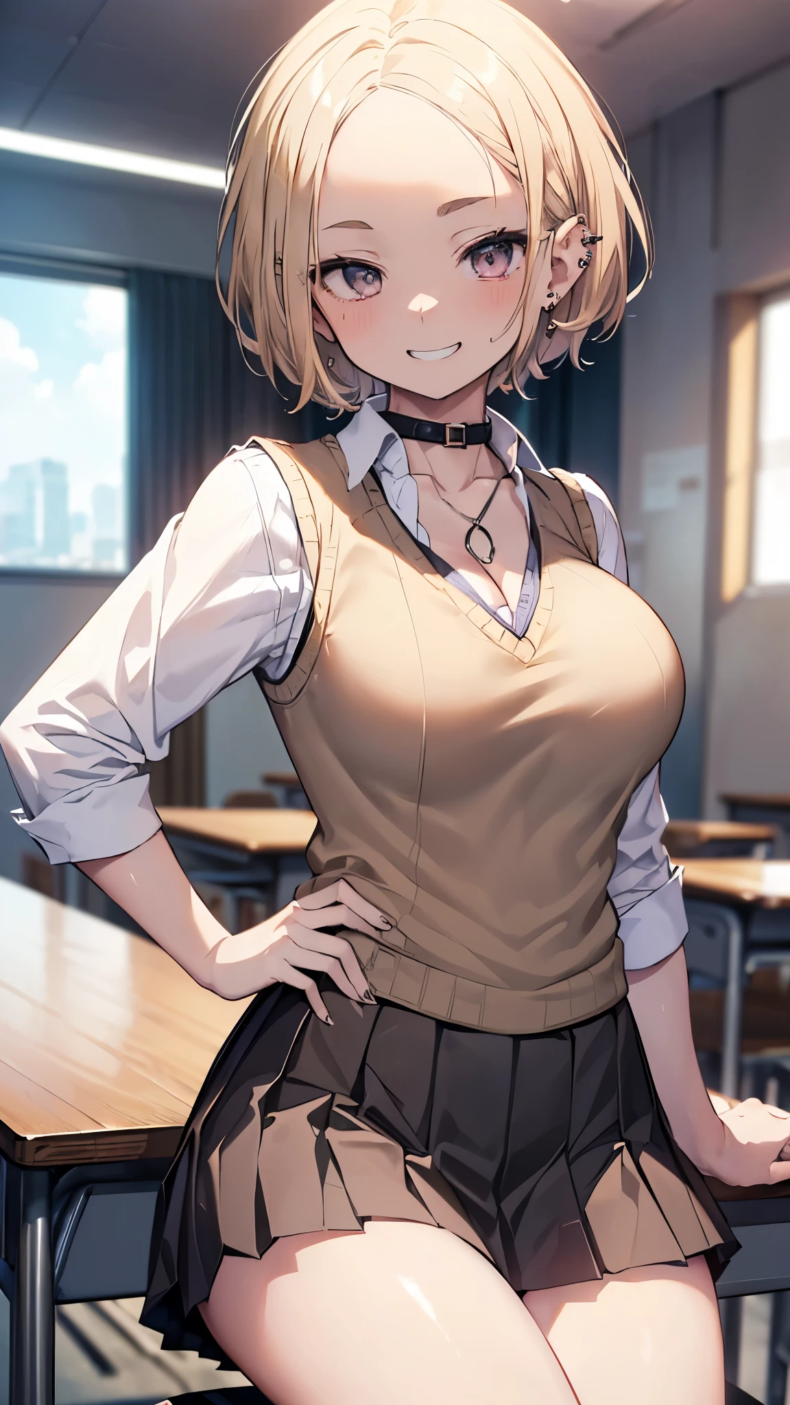 ((masterpiece、Highest quality、Very detailed))、One person、gyaru、Blonde、short hair、((forehead))、Grey Eyes、evil smile、((Grin))、((lots of piercing))、Large Breasts、((White collared shirt))、((clavicle))、((lightbrown sweatervest))、((Black pleated skirt))、((micro miniskirt))、Thick thighs、Cowboy Shot、Classroom Background