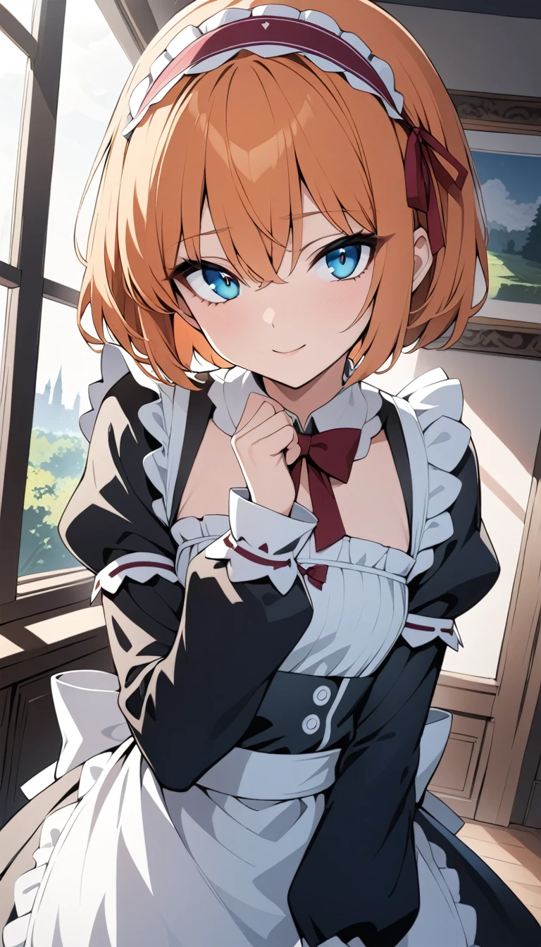 masterpiece,Highest quality,anime,(2D:1.2),indoor, , One girl, roswaal mansion maid uniform, alone, maid, Cyan blue eyes, short hair,bow hairband, Hair between the eyes, Removable sleeves, View your viewers, Red Hairband,ribbon, bangs, Recall, bow, Orange Hair,red ribbon, black sleeves, window, Long sleeve, apron, white bow, Frills,ribbon trim,A light smile, with own hands,