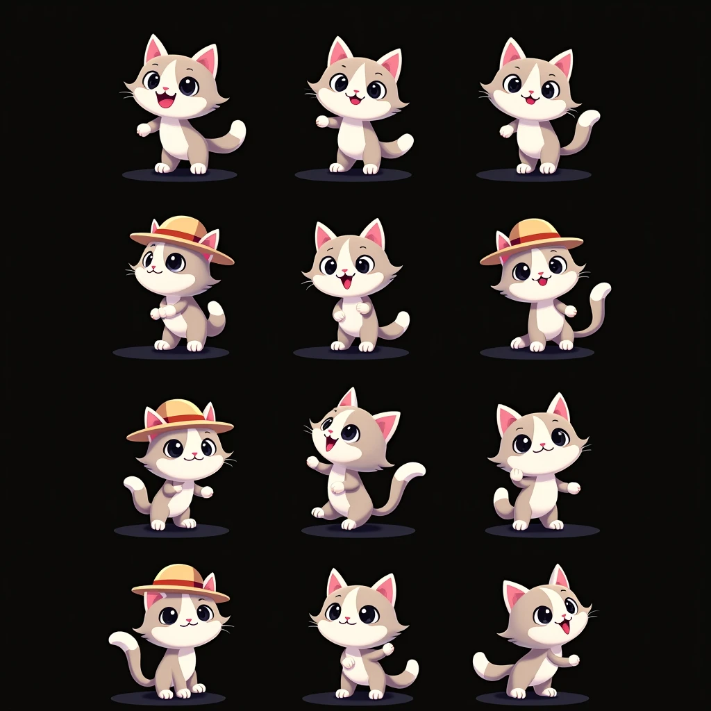 The picture shows a cat, this is a 12x12 sprite sheet. I need, so you take this cat and just add an accessory like a hat on his head and add it to every frame without changing the main picture