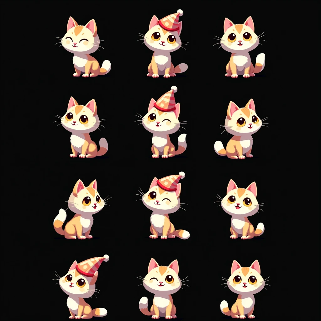 The picture shows a cat, this is a 12x12 sprite sheet. I need, so you take this cat and just add an accessory like a hat on his head and add it to every frame without changing the main picture