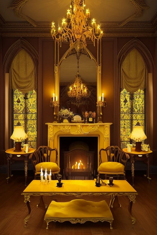 Gothic architecture、Yellow and brown atmosphere、Gothic、yellow、wood、very small teddy bear、Teddy bear under the tree、mantelpiece、table、stage、hinterland、room、chandelier、candle、living、fireplace、sofa、cushion、Honey、Jar of honey、ローtable