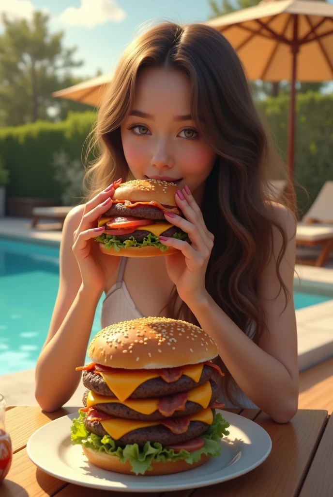 Create a realistic image of a hair-looking girl sitting on a msa with a sun shade juno to a pool eating a double cheeseburger, with perfectly grilled thick burgers, sizzling bacon, melted cheddar cheese, fresh lettuce, and sliced tomatoes. The sesame seed bun is toasted and the flames project a warm, smoky atmosphere. The presentation should be appetizing, with a lot of detail, allowing the viewer to smell and taste the deliciousness of the burger.