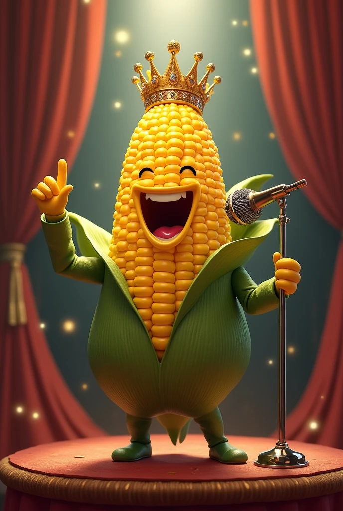 Corncob singing with a microphone and a crown on a stage