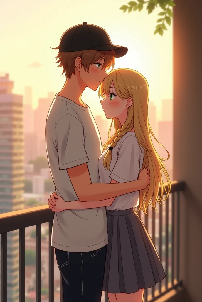 Anime tall guy, brown hair, black cap, white T-Shirt, black jeans, huging a blond long side braded girl, white shirt, gray skirt, blushed, green eyes standing in a balcony at afternoon