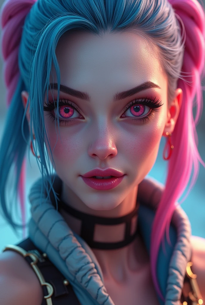 Jinx, high detail skin, high detail face, sexy, 3d, realistic, 8k, Masterpiece, trending on Artstation