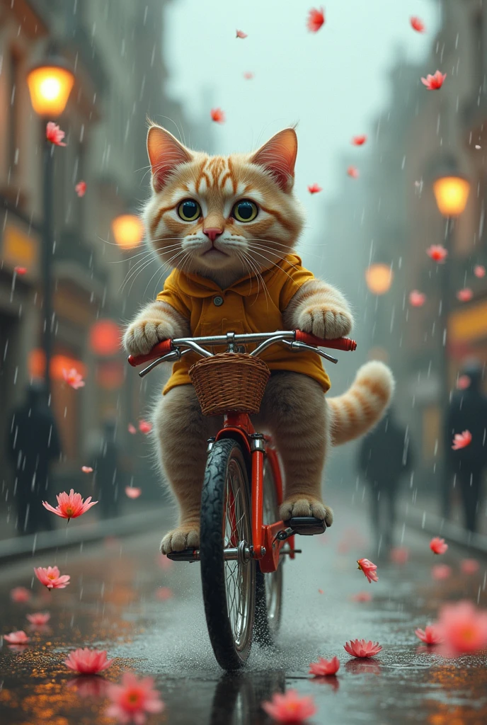 cat be on the bike and in the rain with flower
