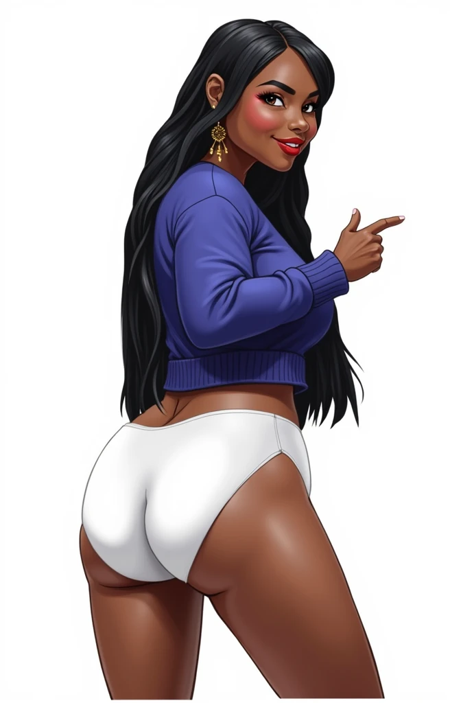 (masterpiece, best quality)), ((((perfect anatomy)))), Heavyset black woman with long black hair, dark eyeshadow, dark red lipstick, blue sweater, (((big white cotton panties))), big booty, smiling, (((Western cartoon style)))
