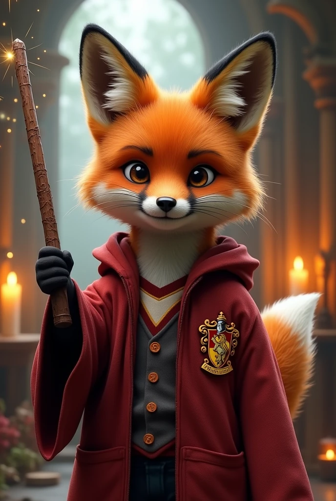 Fox in Harry Potter themed clothing with Stefany Cristina written on it Holding a wand