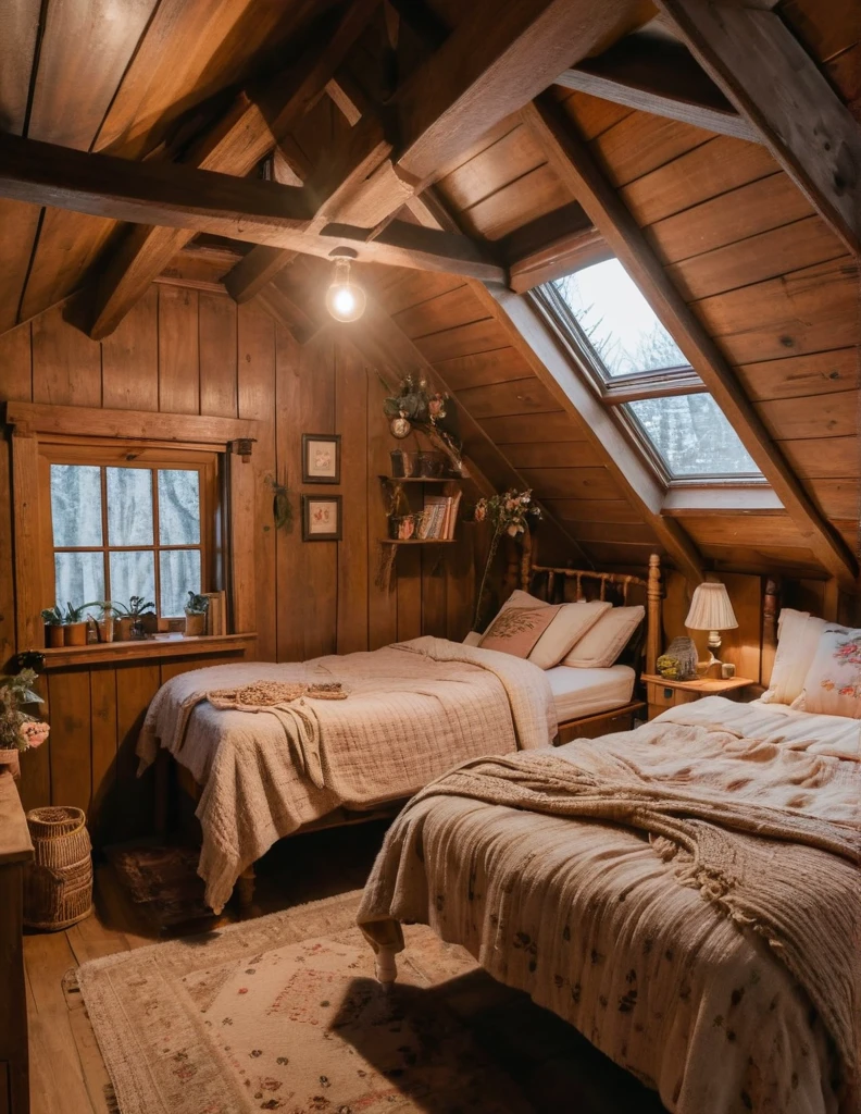 there are two beds in a small room with a window, cozy treehouse bedroom, cottagecore hippie, cozy room, cottagecore, cozy place, a cozy old victorian loft, cottagecore!!, small bedroom, in an attic, in a cabin, cozy and peaceful atmosphere, cozy lighting, cozy and calm, pleasant cozy atmosphere