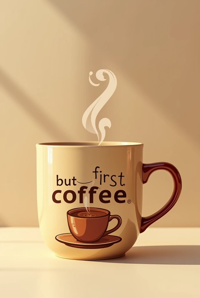 Design a mug featuring a steaming coffee cup illustration on the front side with the text “But First, Coffee” in a bold, modern font, centered horizontally. On the back side, include the text “Coffee Lover’s Club” in a smaller, complementary font, centered or aligned with the handle. Use a warm color palette with shades of coffee brown and cream. The handle should be solid coffee brown, and the finish should be glossy.