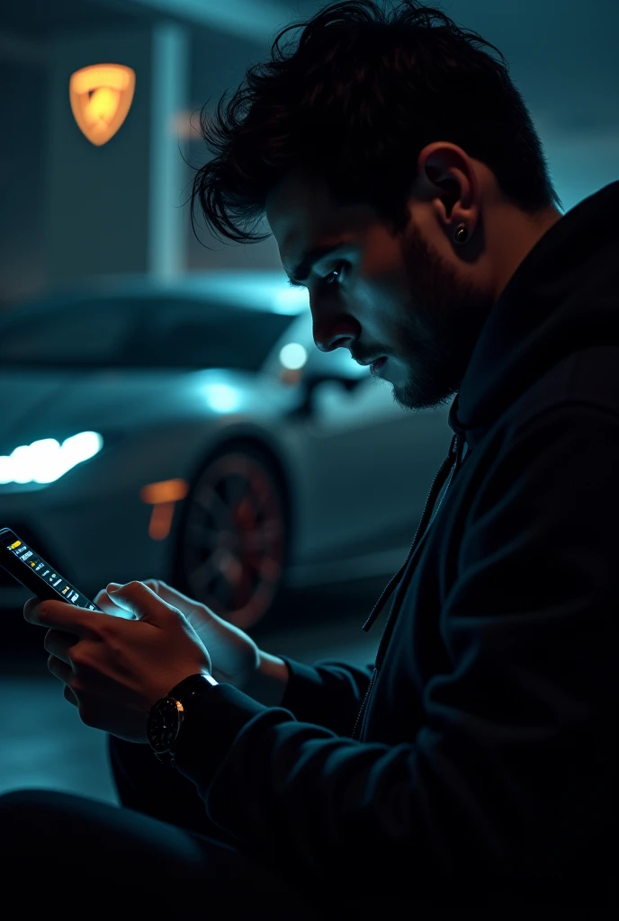 Generate me a wallpaper in which someone is on the driving sheet and has a watch in his hand and is holding a staring in that hand and has an iPhone in the other hand and forex trading is open in it and the symbol of the car is Lamborghini and it is in the dark. And no one's face is visible in it