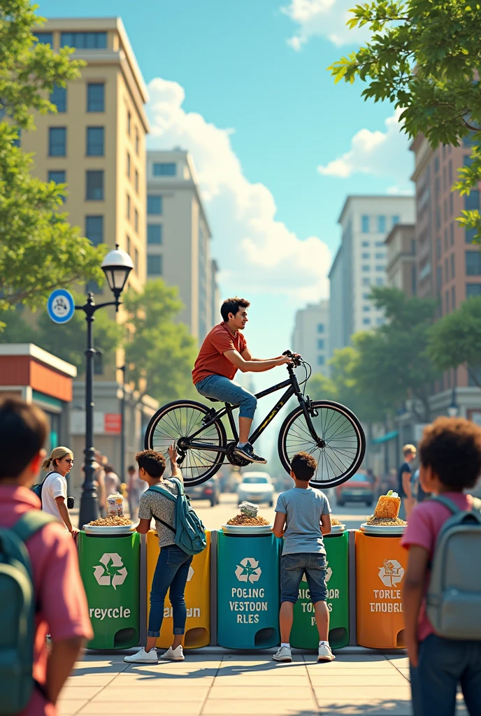 waste recycling system, with a bike win by putting a recycled product in the trash.