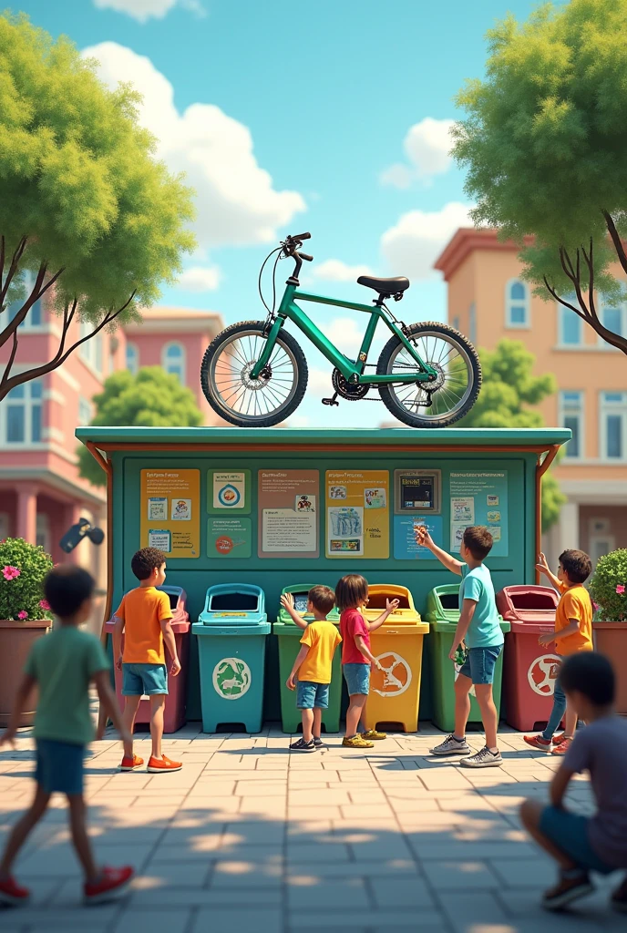 waste recycling system, with a bike win by putting a recycled product in the trash.