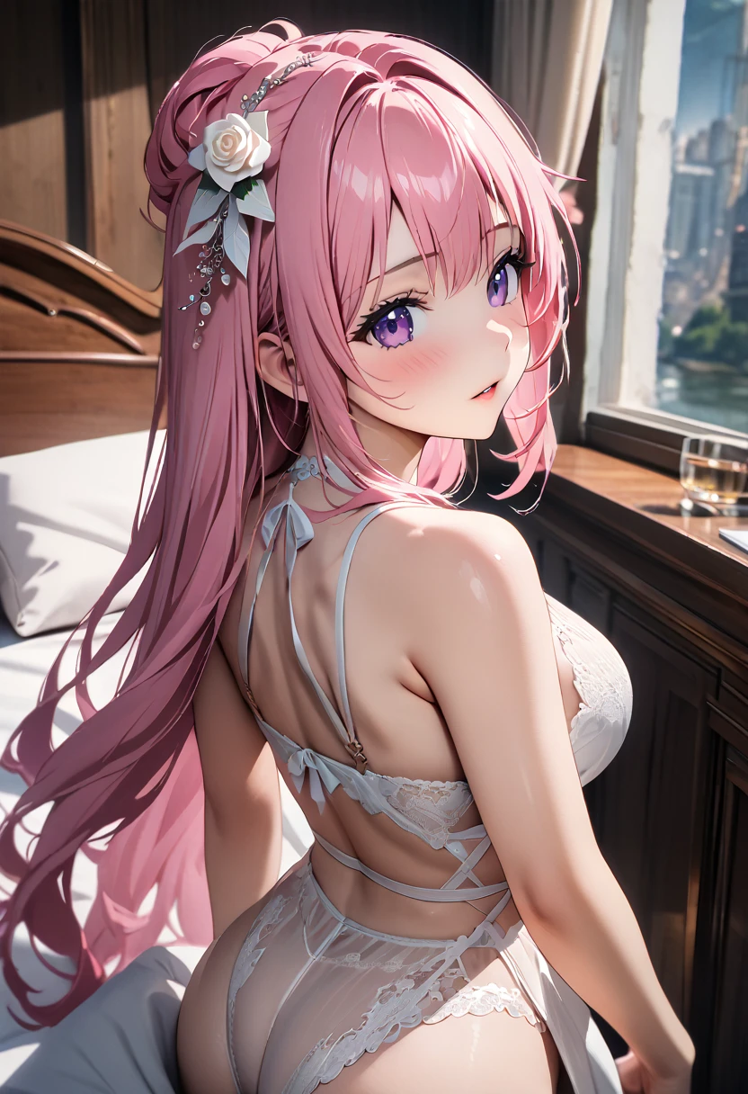 (Highest quality, 4K, 8k, High resolution, masterpiece:1.2), Very detailed, Picturesque, Anime style photo, Photo Anime:1.37)、a beautiful girl、(pink hair)、(long  hair)、white lily Hair Ornaments、On the bed、White lace underwear、White feathers on the back、Doroty