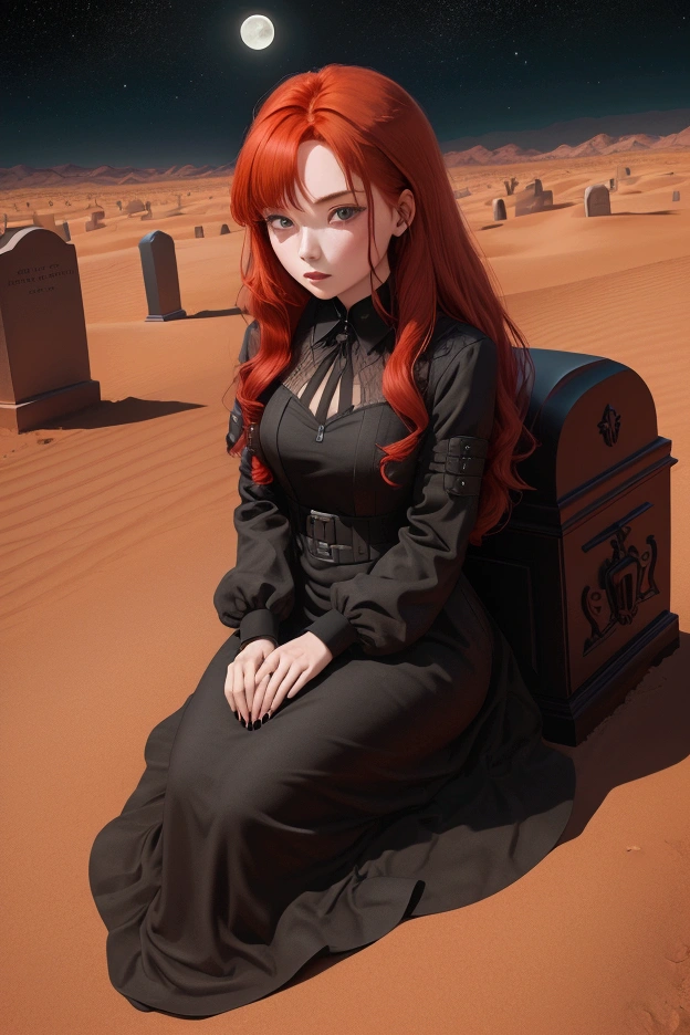 red-haired girl sits on a closed black coffin in the middle of the desert, there are tombstones all around, night, the moon is shining in the sky