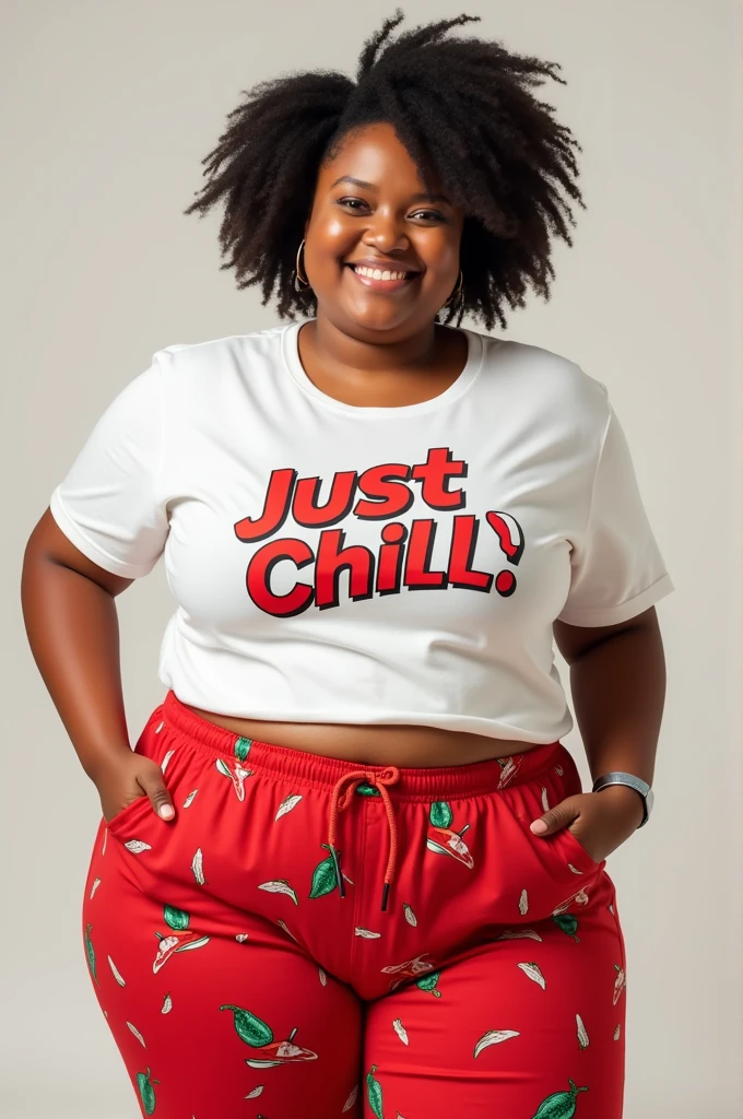 A chubyy girl age 25 wear white shirt printed ( just chill) in red and black half pant printed red chillies on ot
