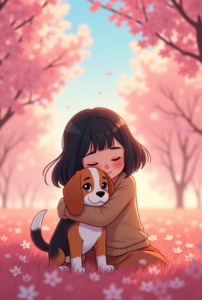 Disney animated of a teenage girl with black bob hair with a bangs hugging a tricolor beagle in a field of sakura flowers