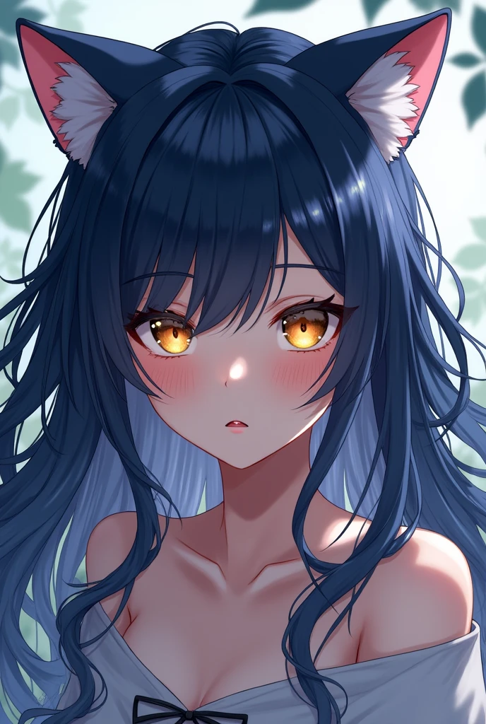 Long Dark blue hair girl with golden eyes anime girl 
With cat ear