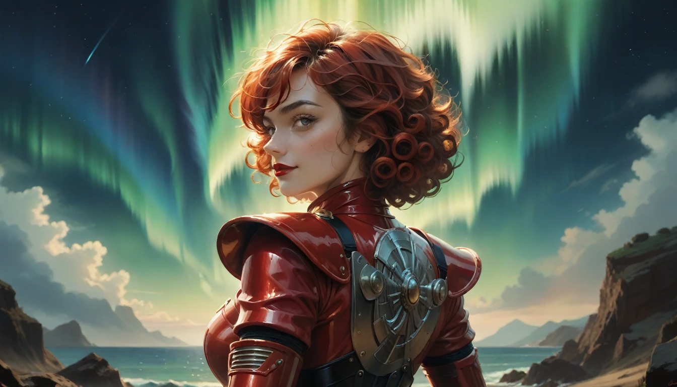 High-quality realistic acrylic painting, VIVID COLORS, back point a view, a beautiful vintage woman with short red curly hair, looking at the viewer with suspicious face and a shy smile, red lips, she wears space red rubber Lackluster armor, hands in the waist, dramatic yellow lights, background of nigh of aurora borealis in open sea