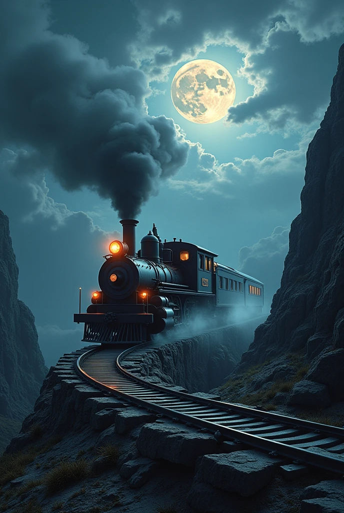 Absurd, High resolution, Super detailed, beautiful, masterpiece, Highest quality、reflection、Realな質感、Realistic、Real、Realistic、Blur、steam locomotive、Running along the tracks、Spiral track、Night Sky、full moon、cloud、