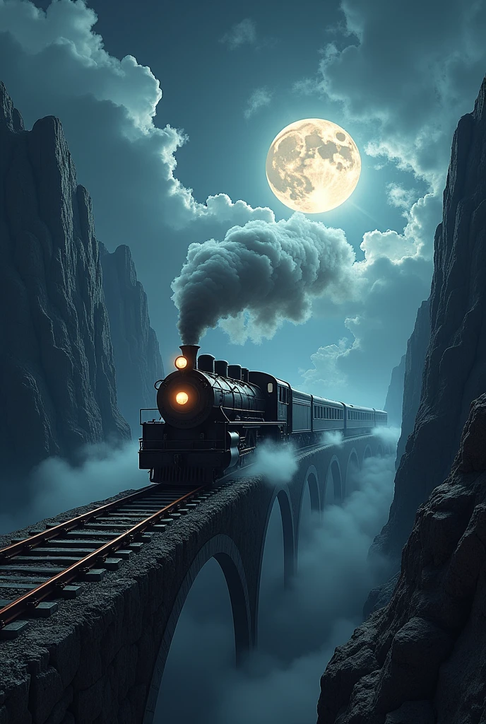 Absurd, High resolution, Super detailed, beautiful, masterpiece, Highest quality、reflection、Realな質感、Realistic、Real、Realistic、Blur、steam locomotive、Running along the tracks、Spiral track、Night Sky、full moon、cloud、