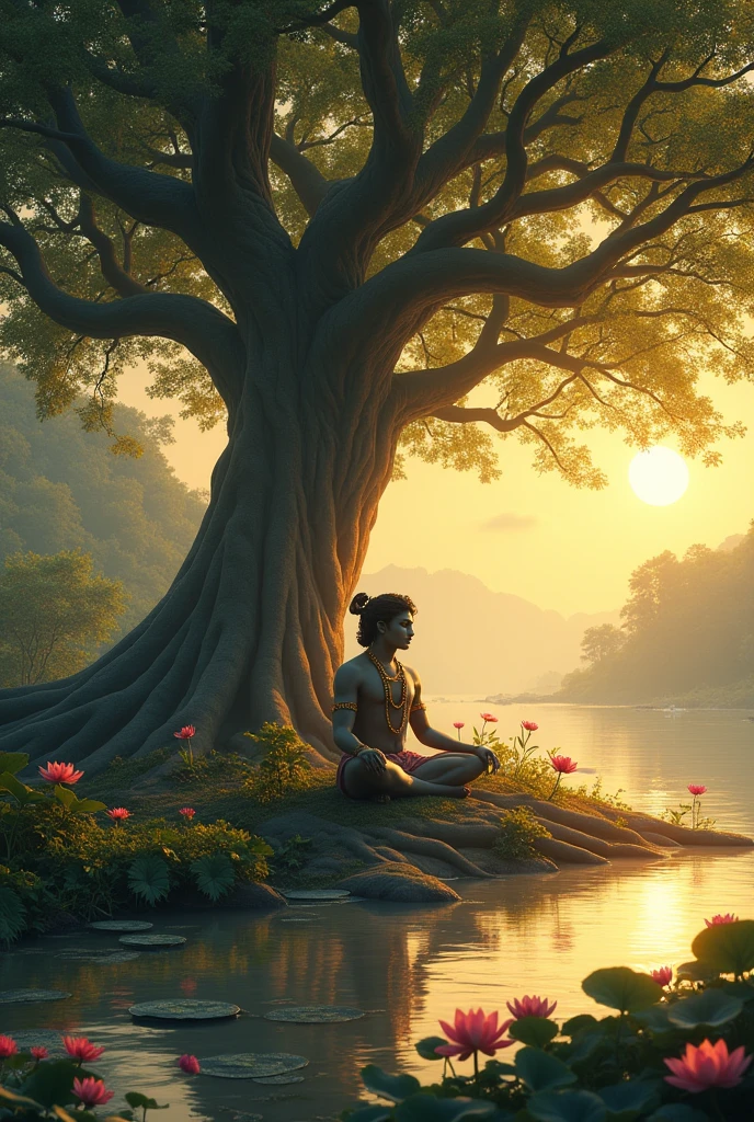 Picture a serene landscape with a large banyan tree at its center, its roots spreading wide and deep, offering shade and shelter. Underneath the tree, Krishna is seated in deep meditation, his eyes closed, and a gentle smile on his lips. The Yamuna River flows quietly nearby, with lotus flowers blooming along its banks. The entire scene is bathed in a soft, golden light of the setting sun, creating an atmosphere of tranquility and divine peace. This image represents the ultimate state of acceptance in relationships, free from expectations, where peace and happiness naturally follow.