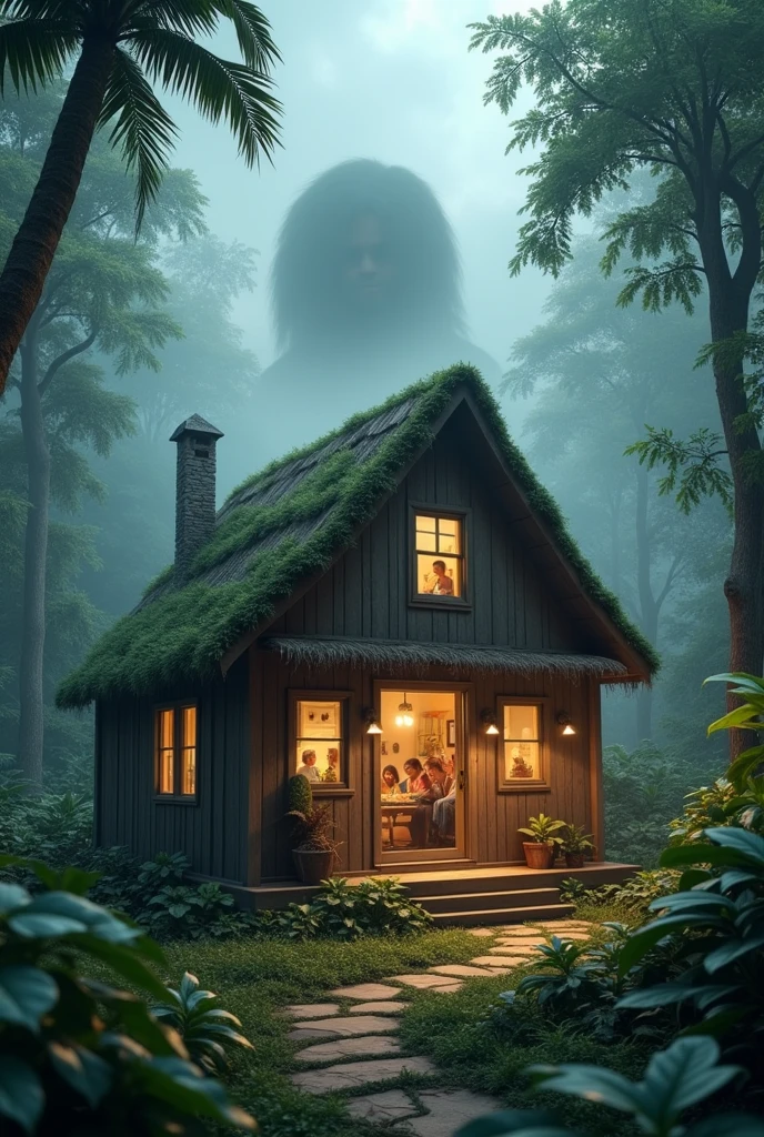 A wooden cabin in a tropical forest, with happy people inside. with a cloudy climate and surrounded by mists, lurking a shadow that looks more like a living, conscious creature