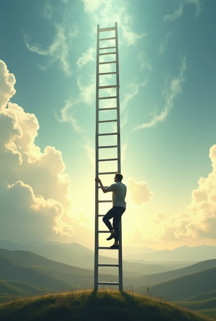 create a ladder that reaches the sky and a man climbing the ladder representing his personal growth