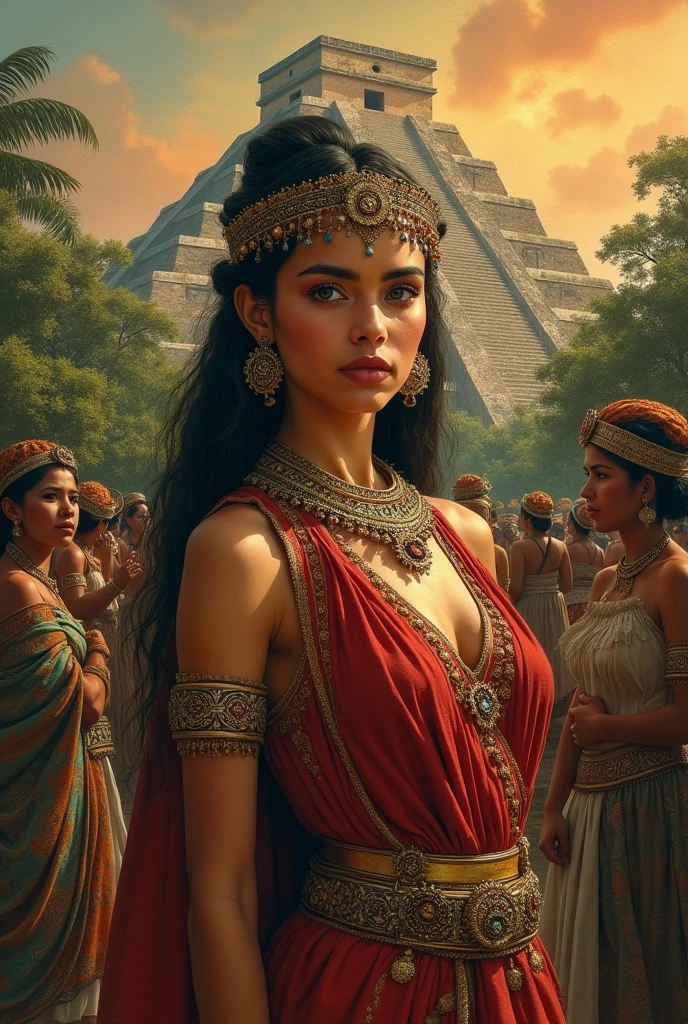 Beautiful aztec woman with pyramids and plants and other aztec people with her. It should look like an old mexican painting