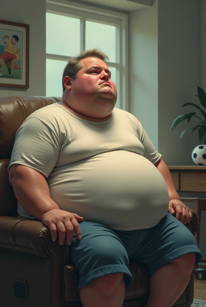 I need you to generate an image of the fat person imagining himself playing soccer in good shape