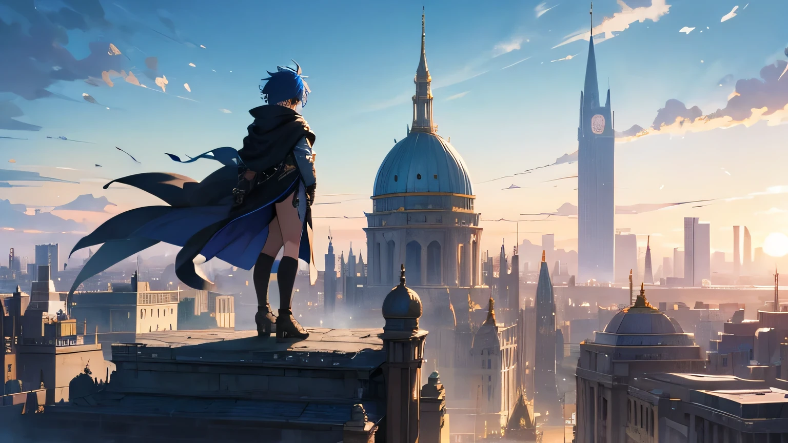 A majestic fantasy cityscape bathed in soft, glowing daylight, with grand, futuristic architecture featuring towering domes, arches, and large open spaces. In the foreground, a lone character with spiky blue hair stands confidently on a circular platform. The character is wearing a flowing, black cloak that billows in the wind, with a determined stance as they look over the vast city. The overall atmosphere is bright yet mysterious, with a sense of adventure and heroism."