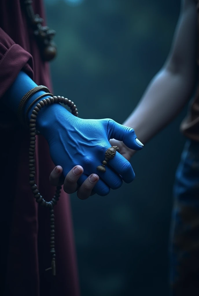Photo of one hand of Shiva's blue hand having rudraksha maala around it holding a hand of a indian boy. Image signifying shiva helping the boy. Hands to be holding just the way a father holds his childs hand while walking. Photo to have a dark blur background. Shiva's hand to be blue and photo to be of the back of shiva's fist. Fist should be proper especially with the thumbs. Hands to be diagonally holded. With shivas fist to be shown
