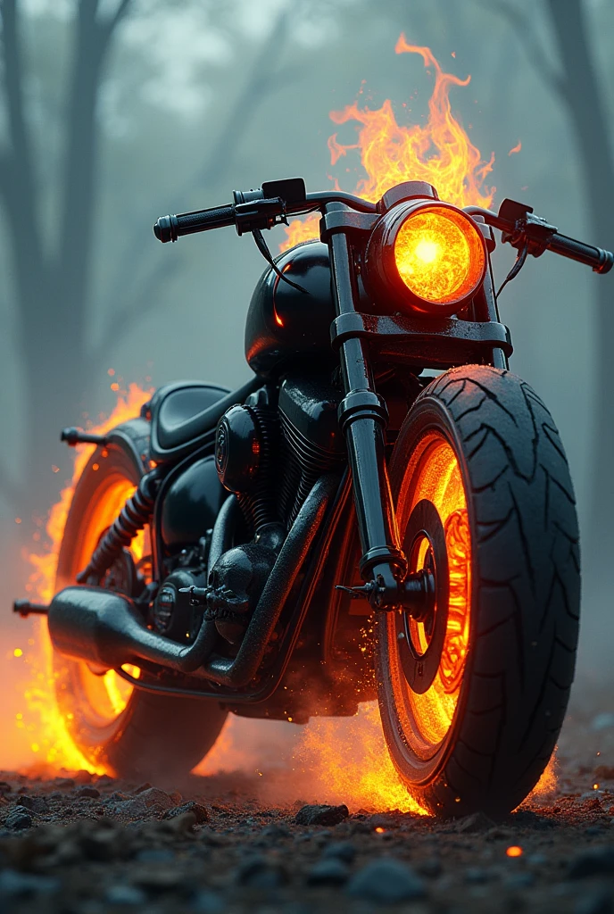 Create an image of a large motorcycle, black, ancient and cursed, like the fictional character ghost rider.