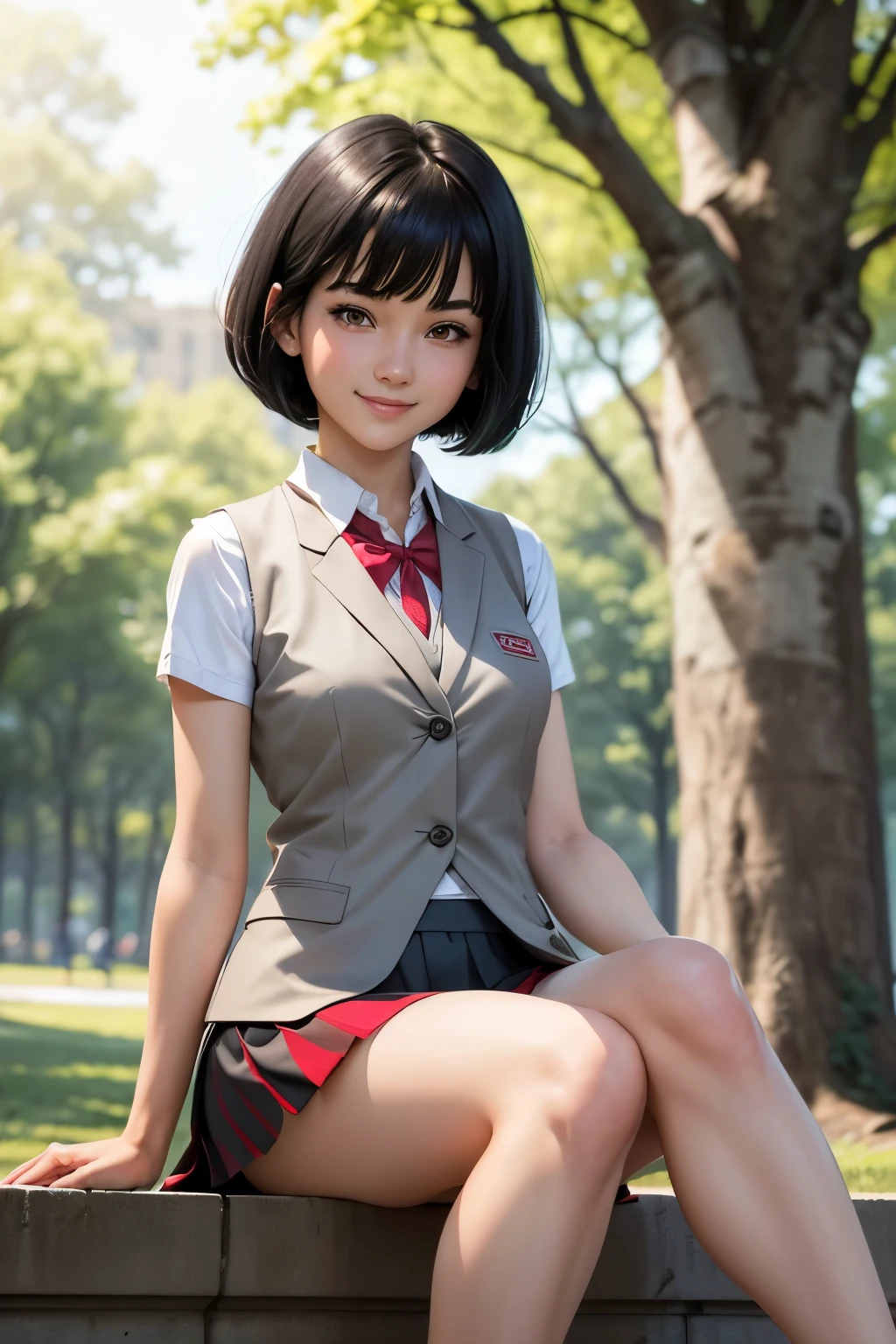 Graphic novel style, 1 stunningly beautiful college girl, smiling, blushing, short black hair, bob cut, wearing a Japanese school uniform, red eyes, 1, ((short black skirt)), toned legs, side view of legs, red bow, ((light gray closed vest)), in the park, (((Sitting)))