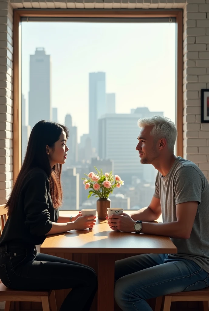 High Resolution, Masterpiece, Accurate, Best Quality, Detail, High Quality, realistic photo. A young 20 years old asian women, long dark hair, white skin, wearing a black shirt, black jeans, height: 155 cm, weight: 45 kg. A 2 man, short straight hair, white skin, wearing a silver t shirt, blue jeans, height: 160 cm, weight: 55 kg. They are sitting at a wooden table in front of a large window. They are facing each other and appear to be engaged in a conversation. The man is holding a cup of coffee in his hand and the woman is looking at him attentively. On the table, there are two cups of coffee and a small vase with flowers. The window behind them has a view of a city skyline. The room has white brick walls and the floor is made of wood.