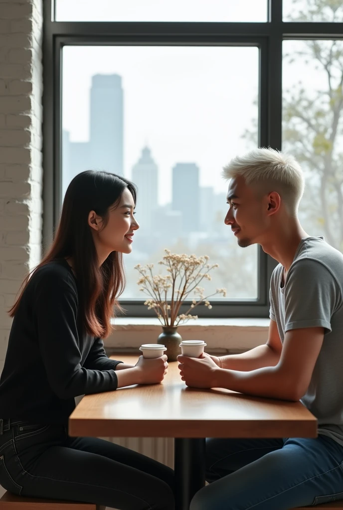High Resolution, Masterpiece, Accurate, Best Quality, Detail, High Quality, realistic photo. A young 20 years old asian women, long dark hair, white skin, wearing a black shirt, black jeans, height: 155 cm, weight: 45 kg. A 2 man, short straight hair, white skin, wearing a silver t shirt, blue jeans, height: 160 cm, weight: 55 kg. They are sitting at a wooden table in front of a large window. They are facing each other and appear to be engaged in a conversation. The man is holding a cup of coffee in his hand and the woman is looking at him attentively. On the table, there are two cups of coffee and a small vase with flowers. The window behind them has a view of a city skyline. The room has white brick walls and the floor is made of wood.