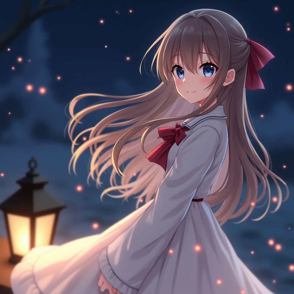 (extremely delicate and beautiful: 1.2), 1girl, bangs, blue eyes, blur, blur background, bow, brown hair, shut up, side view, hair between eyes, hair bow, lantern, light particles, long sleeves, look looking at audience, medium hair, night, red bow, solo, stars(symbol), upper body, smile, red lips