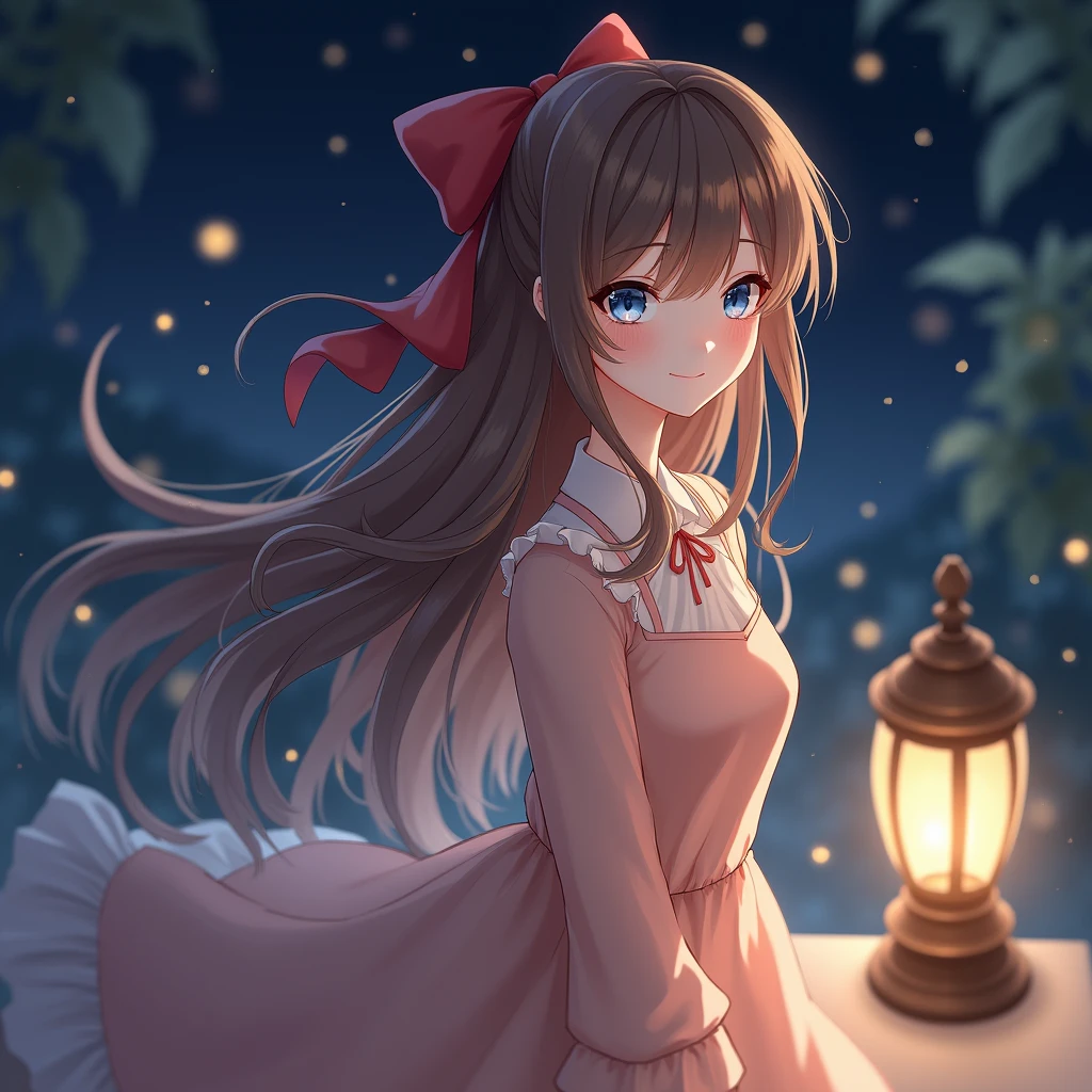 (extremely delicate and beautiful: 1.2), 1girl, bangs, blue eyes, blur, blur background, bow, brown hair, shut up, side view, hair between eyes, hair bow, lantern, light particles, long sleeves, look looking at audience, medium hair, night, red bow, solo, stars(symbol), upper body, smile, red lips