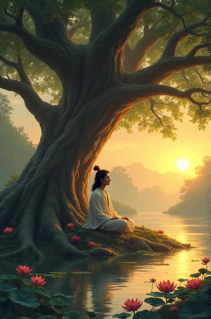 Picture a serene landscape with a large banyan tree at its center, its roots spreading wide and deep, offering shade and shelter. Underneath the tree, Krishna is seated in deep meditation, his eyes closed, and a gentle smile on his lips. The Yamuna River flows quietly nearby, with lotus flowers blooming along its banks. The entire scene is bathed in a soft, golden light of the setting sun, creating an atmosphere of tranquility and divine peace. This image represents the ultimate state of acceptance in relationships, free from expectations, where peace and happiness naturally follow.